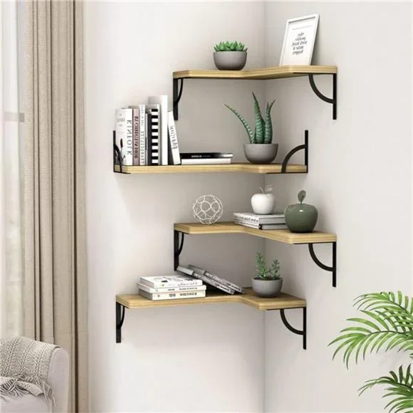Corner Floating Shelves Wall Mounted Set of 4, Wood Display Storage Wall Shelves